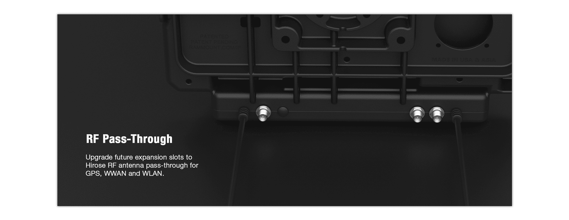 Image showing the back of the dock pointing to the dock feature for RF pass-through. Upgrade future expansion slots to Hirose RF antenna pass-through for GPS, WWAN, and WLAN
