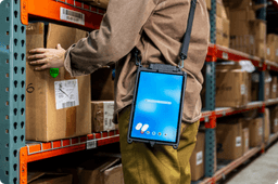 Warehouse worker accessing a cardboard box on a shelf while wearing a shoulder strap harness that holds a rugged tablet in portrait orientation. The tablet screen is illuminated, and the person is surrounded by stacked shipping boxes on metal shelving.