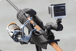 GoPro action camera secured in RAM® Mount system attached to fishing rod holder on boat, positioned to capture fishing action and marine adventures with hands-free video recording capability.