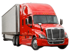 A red semi-truck on a white background facing to the right.