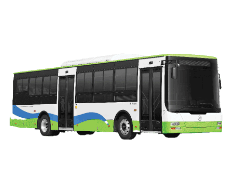 A white city bus with green and blue stripes for public transportation.