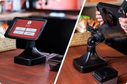 Split-view image showcasing a tablet-based point-of-sale kiosk system. On the left, a tablet mounted on a desktop stand displays a touchscreen checkout interface on a retail countertop. On the right, a user positions the tablet onto the stand, revealing the rear docking interface and powered mounting connection. The image highlights a flexible tablet kiosk solution designed for retail, hospitality, customer checkout, self-service, and point-of-sale applications.